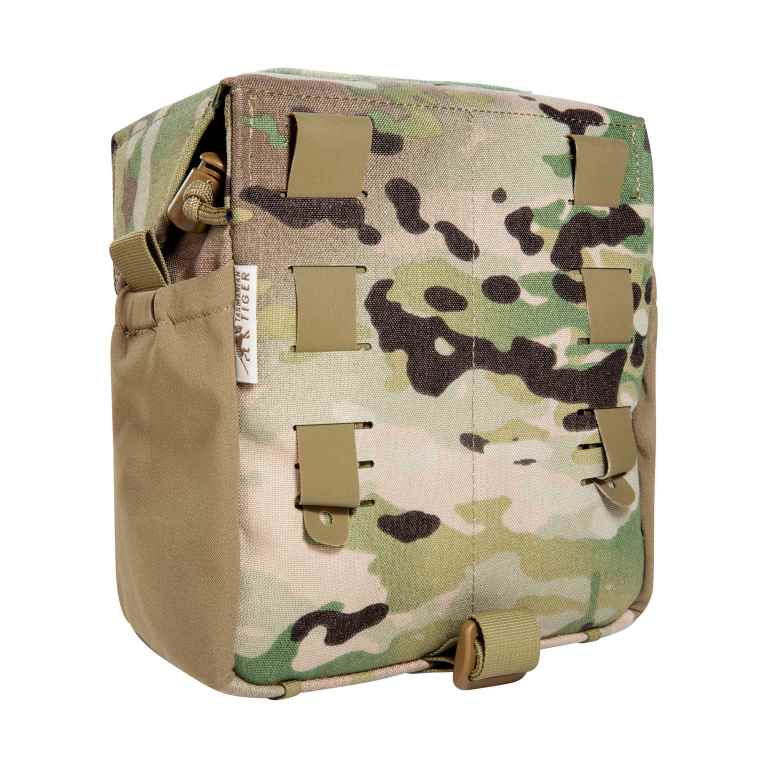 Accessory pouch for canteen and cutlery with MOLLE reverse system. The TT Canteen Pouch MKIII MC has two elastic side pockets and MOLLE hook-and-loop as well as elastic loops on the inside to secure a canteen and cutlery. www.moralepatches.com.au