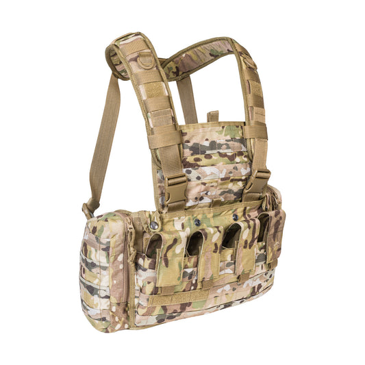 Lightweight universal harness with side pockets and space for armor plate inserts. Five magazine pouches on front. Magazine pouches closed by hook-and-loop fastening, side pockets by zipper. Adjustable padded straps. www.moralepatches.com.au