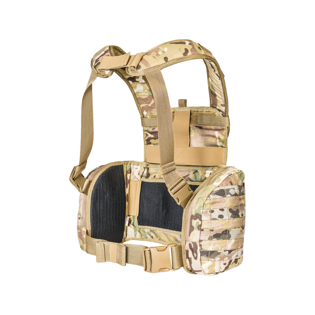 Lightweight universal harness with side pockets and space for armor plate inserts. Five magazine pouches on front. Magazine pouches closed by hook-and-loop fastening, side pockets by zipper. Adjustable padded straps. www.moralepatches.com.au