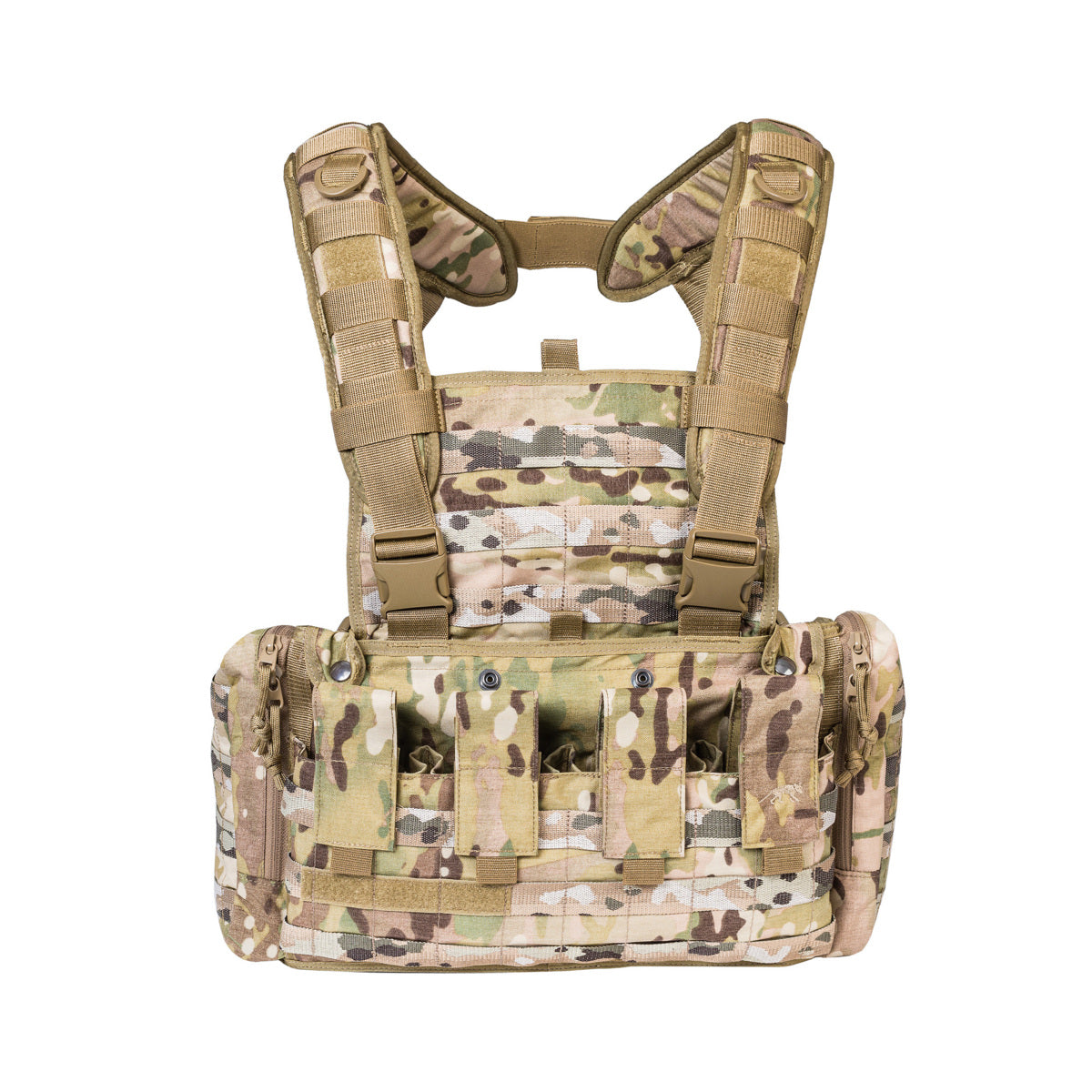 Lightweight universal harness with side pockets and space for armor plate inserts. Five magazine pouches on front. Magazine pouches closed by hook-and-loop fastening, side pockets by zipper. Adjustable padded straps. www.moralepatches.com.au
