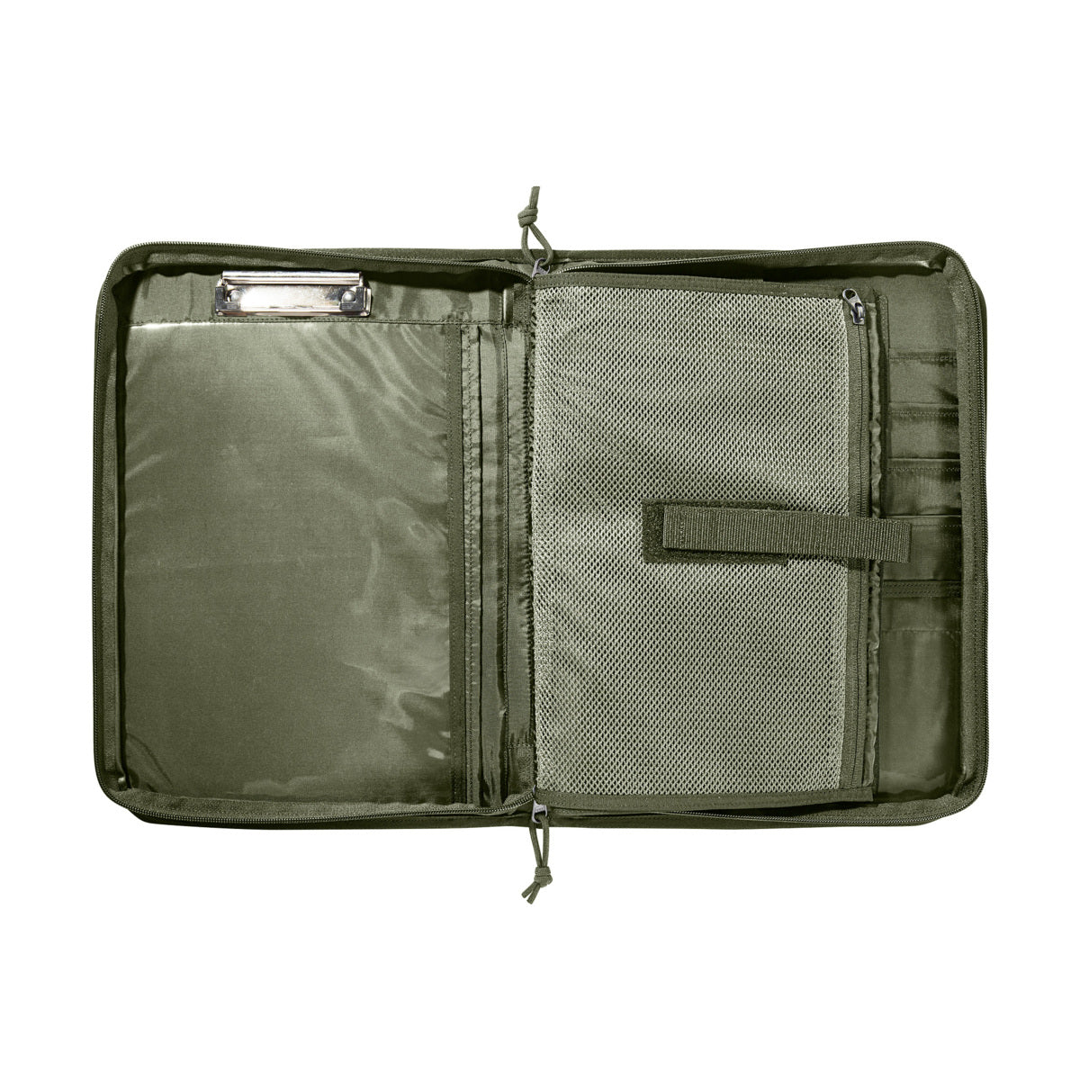 Carrying handle Handles in flat zip compartments stowable Two mesh pockets Hook-and-loop closure patch on the frontside (loop) Removable organizer Coin compartment inside 4-hole DIN A4 ring binder Clamp on the left, ring binder on the right Transparent map pocket Compartments for pencils, credit-, and other cards www.moralepatches.com.au