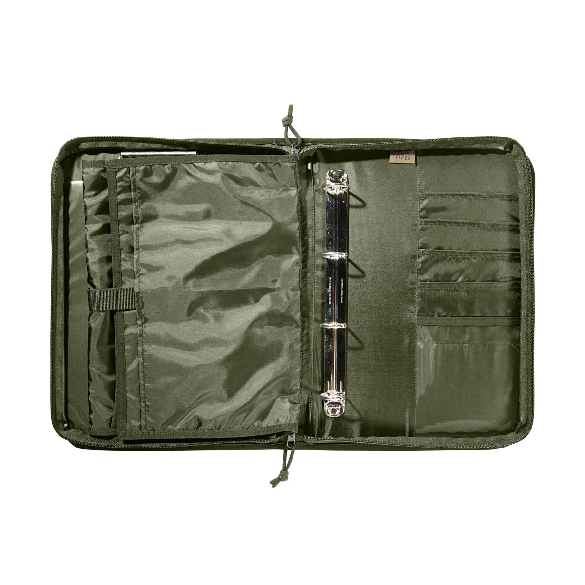 Carrying handle Handles in flat zip compartments stowable Two mesh pockets Hook-and-loop closure patch on the frontside (loop) Removable organizer Coin compartment inside 4-hole DIN A4 ring binder Clamp on the left, ring binder on the right Transparent map pocket Compartments for pencils, credit-, and other cards www.moralepatches.com.au