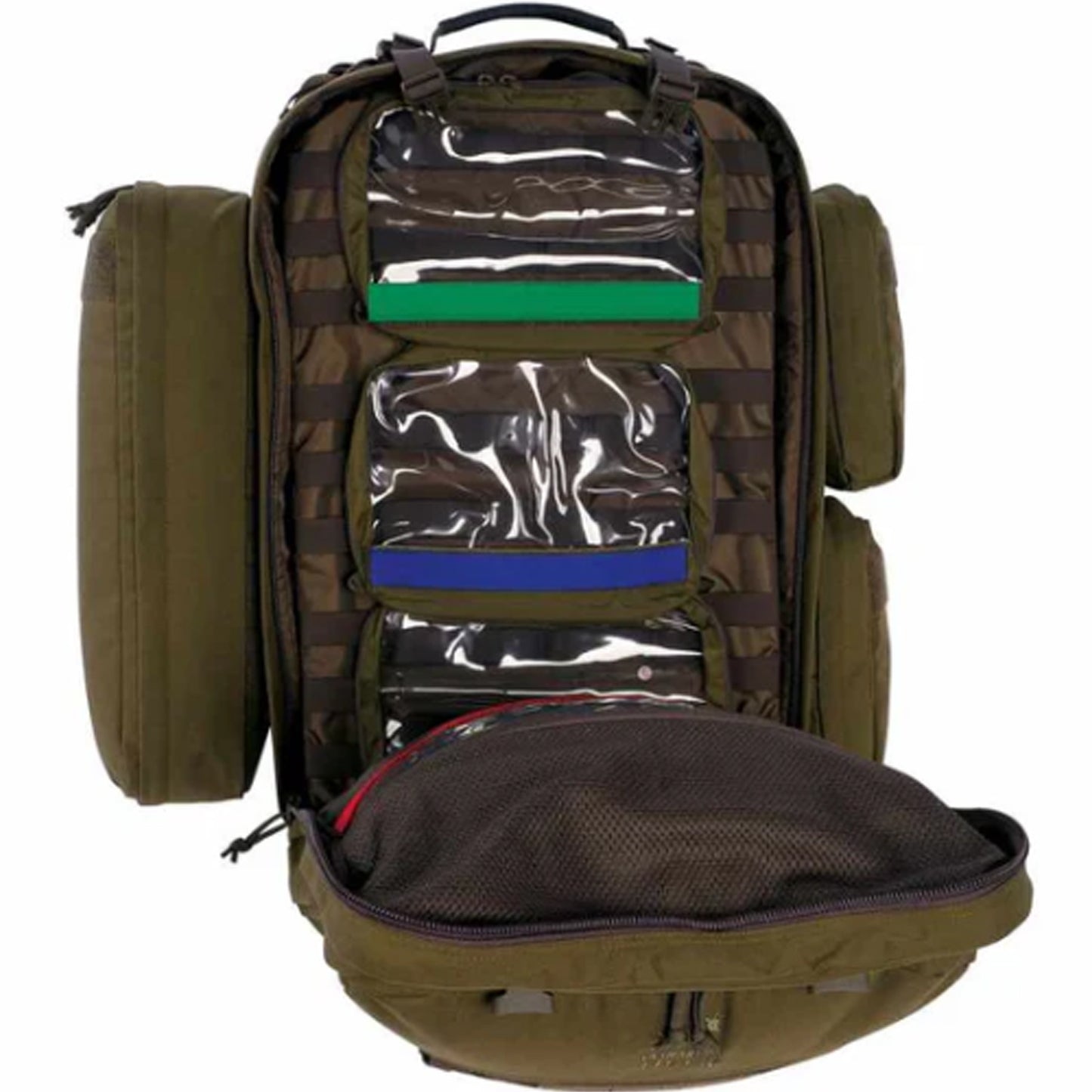 Generously fitted-out first aid backpack. The side pockets are detachable, while the padded interior compartment has adjustable compartments. The backpack also has a removable panel with detachable, labelled clear pockets, MOLLE system and elastic loops. www.moralepatches.com.au