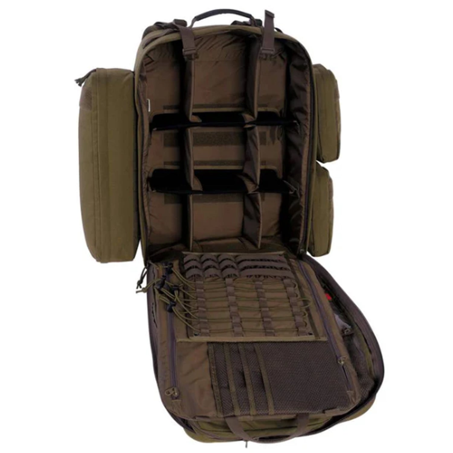 Generously fitted-out first aid backpack. The side pockets are detachable, while the padded interior compartment has adjustable compartments. The backpack also has a removable panel with detachable, labelled clear pockets, MOLLE system and elastic loops. www.moralepatches.com.au
