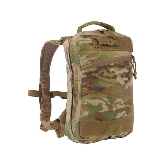 The MOLLE system on the front and sides is laser-cut. The shoulder straps can be removed and kept in a hook-and-loop-secured pouch on the back. The backpack comes with webbing so it can be adapted to a plate carrier or waistcoat. Specially designed for use on plate carrier systems. www.moralepatches.com.au