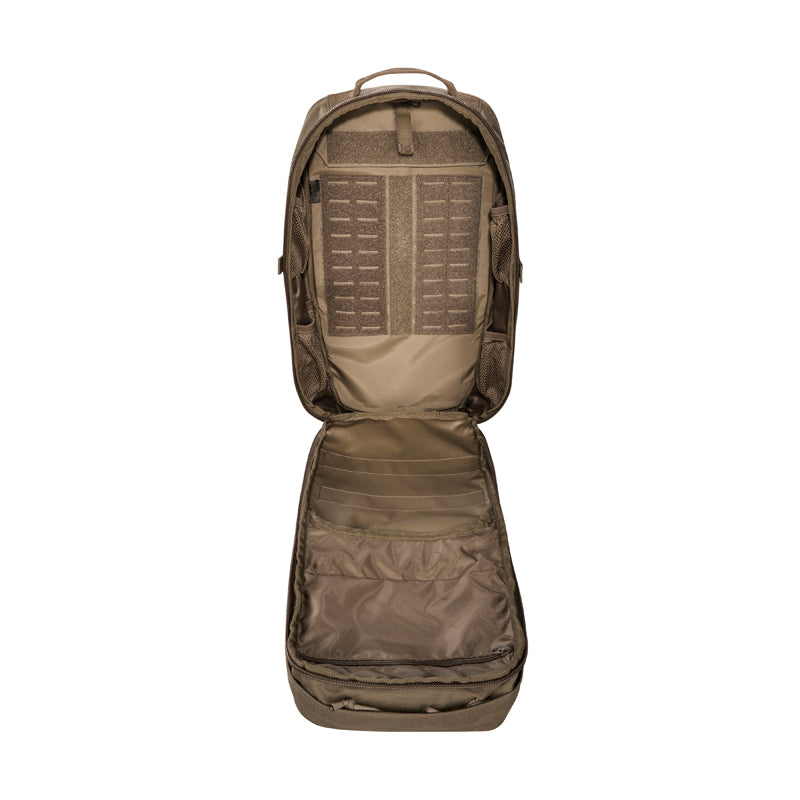 Small 22 litre universal combat backpack with two attachable pockets and elastic side pockets. It has a MOLLE hook-and-loop in the main compartment for customised modular add-ons and the laser-cut MOLLE on the front and sides mean you can combine it with other gear. www.moralepatches.com.au