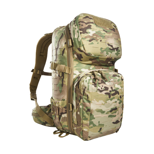 Small 22 litre universal combat backpack with two attachable pockets and elastic side pockets. It has a MOLLE hook-and-loop in the main compartment for customised modular add-ons and the laser-cut MOLLE on the front and sides mean you can combine it with other gear. www.moralepatches.com.au