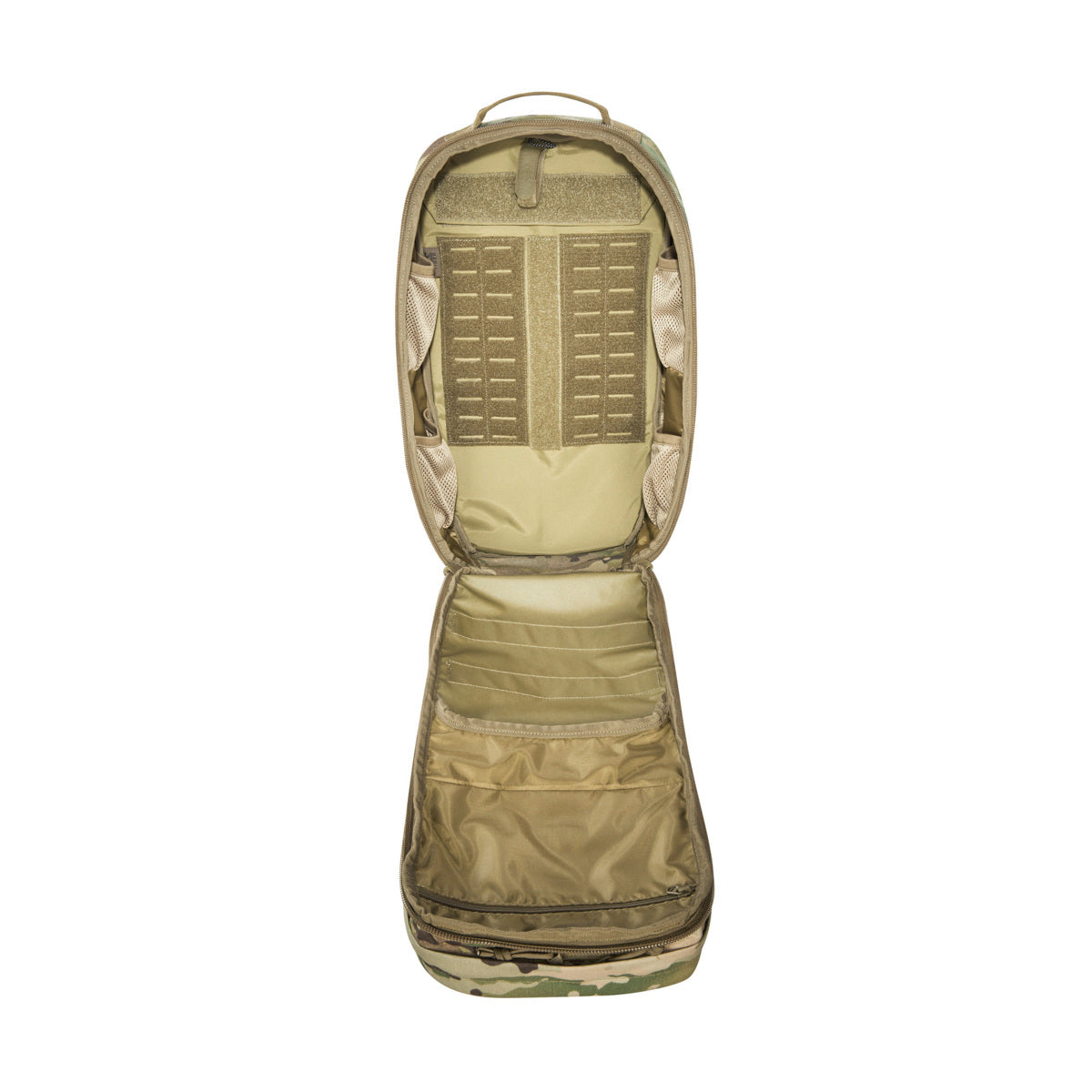 Small 22 litre universal combat backpack with two attachable pockets and elastic side pockets. It has a MOLLE hook-and-loop in the main compartment for customised modular add-ons and the laser-cut MOLLE on the front and sides mean you can combine it with other gear. www.moralepatches.com.au