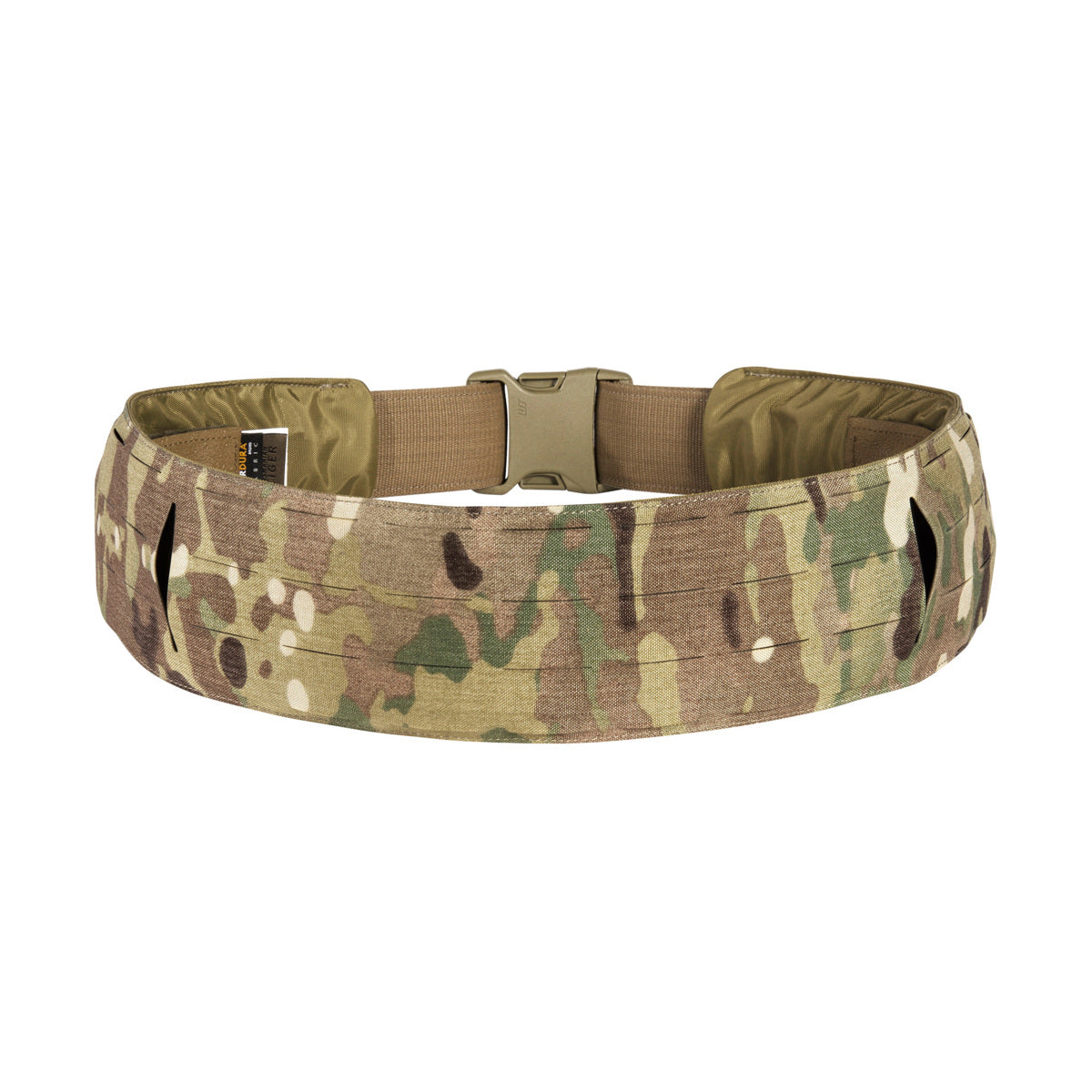 Extremely low-lying warrior belt for attaching to a tactical belt. The hook-and-loop fastening (hooks) is covered with a non-slip material when not in use. 4 laser-cut MOLLE slots high. www.moralepatches.com.au