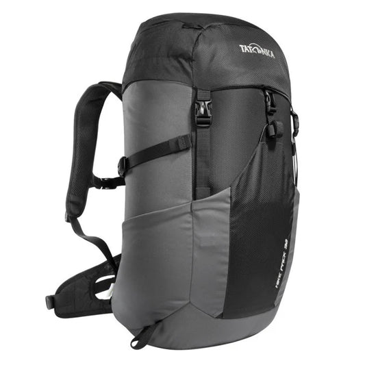 Classic top loader hiking backpack with a super comfortable ventilated mesh back panel, 32 liter volume, hip belt with zip pocket, fixation for hiking poles, rain cover and front insert pocket for a via ferrata helmet, jacket or similar. Partly made of recycled materials and with a PFC-free finish. www.moralepatches.com.au