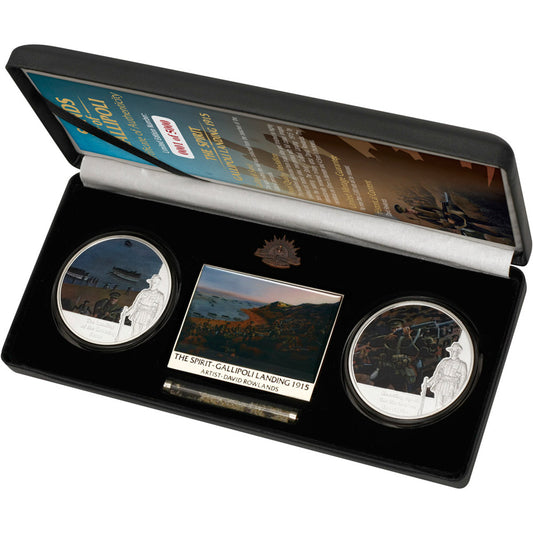 The stunning Sands of Gallipoli 2012 release The Landing Two Limited Edition Medallions Set from the military specialists. This Limited Edition set of proof quality medallions features photo-quality detailed characters from internationally renowned military artist David Rowlands painting, The Spirit - Gallipoli Landing. The reverse of each medallion features the Rising Sun Hat Badge. www.moralepatches.com.au