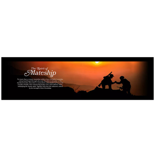 Elevate your bar or club with the "Spirit of Mateship Bar Runner," a stunning tribute to the enduring bond of Australian soldiers. This high-quality bar runner features a striking silhouette image set against a sunset backdrop, depicting a WW1 digger extending a helping hand to a modern Australian soldier navigating a treacherous, muddy battlefield. www.moralepatches.com.au