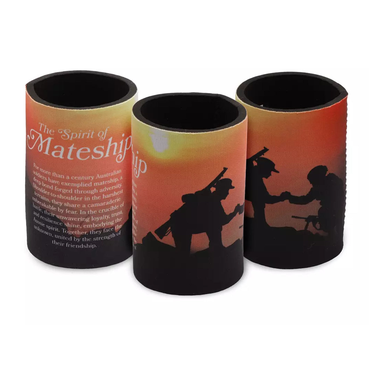 Introducing "The Spirit of Mateship Drink Cooler" – a remarkable tribute to the enduring spirit of Australian soldiers. This drink cooler showcases an awe-inspiring design that captures the essence of mateship, a bond that has defined Australian soldiers for more than a century. www.moralepatches.com.au