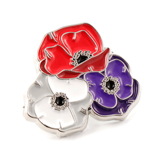 This silver-plated, enamel-filled lapel pin allows you to proudly show your support for all who have served or are currently serving in all theatres of war and peacekeeping efforts. It features a red poppy for remembrance, a purple poppy to honour animals in war, and a white poppy to commemorate all casualties of war. www.moralepatches.com.au