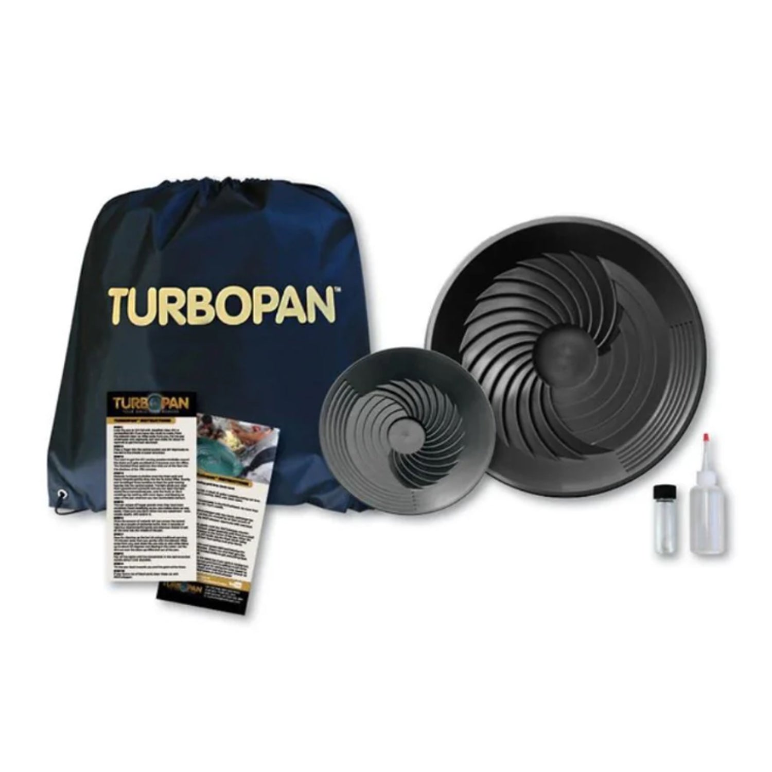 Suitable for the family, nomad or fine gold prospector, the kit has a small Turbopan gold pan for the kids, the backpack or black sands clean-up, a large pan for panning heaps of dirt in a pay run, a snuffer bottle to recover gold from the pan and a glass vial to store your hard earnt cache of heavy yellow metal. www.moralepatches.com.au