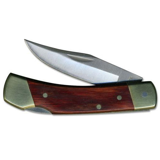 The illustrated Uncle Henry Knife is the Smokey Uncle Henry Knife that features a locking clip point blade made of stainless steel. The woodgrain handle of this Uncle Henry knife, 3 3/4″ closed, has brass liners, brass bolsters and a lockback. A genuine leather sheath is included. www.moralepatches.com.au