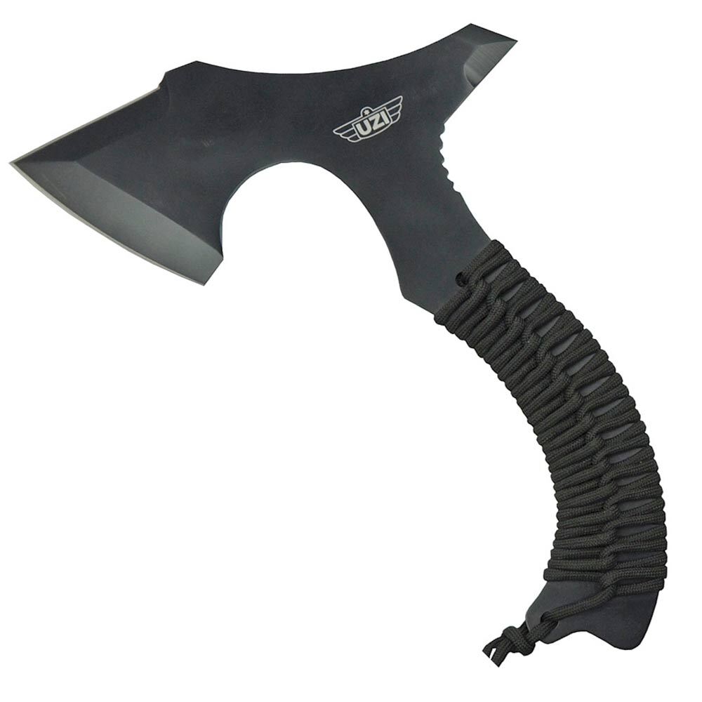 10″ overall. 7″ axe head with 3″ cutting edge and reinforced striker tip at the back. Black finish stainless full tang construction. Black paracord wrapped handle with lanyard. Black nylon belt sheath. Hang packaged. www.moralepatches.com.au