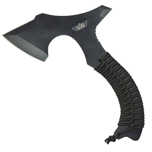 10″ overall. 7″ axe head with 3″ cutting edge and reinforced striker tip at the back. Black finish stainless full tang construction. Black paracord wrapped handle with lanyard. Black nylon belt sheath. Hang packaged. www.moralepatches.com.au