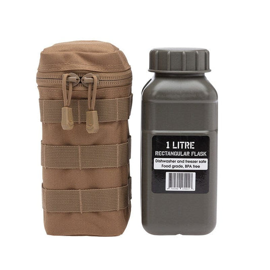 The Tactical 1 Litre Flask Pouch can accommodate the most 1 Litre flask or the Nalgene one litre wide mouth water bottle. The horizontal wrap around zip opening allows the user to easily access and stow their water bottle. www.moralepatches.com.au