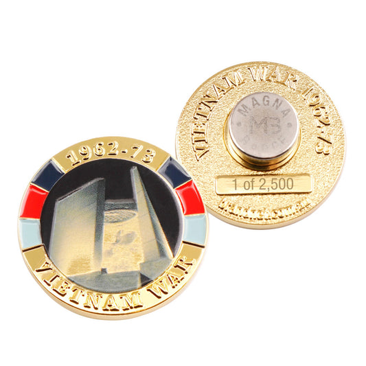 This bright and stunning MagnaBadge™ features the iconic Vietnam Veterans Memorial on Anzac Parade Canberra, enhanced with popping service colours, on a gold-plated badge. Don't put holes in your lapels, with a MagnaBadge™ you can easily attach these beautiful badges to your clothing with an easy-to-use magnet on the reverse.  www.moralepatches.com.au