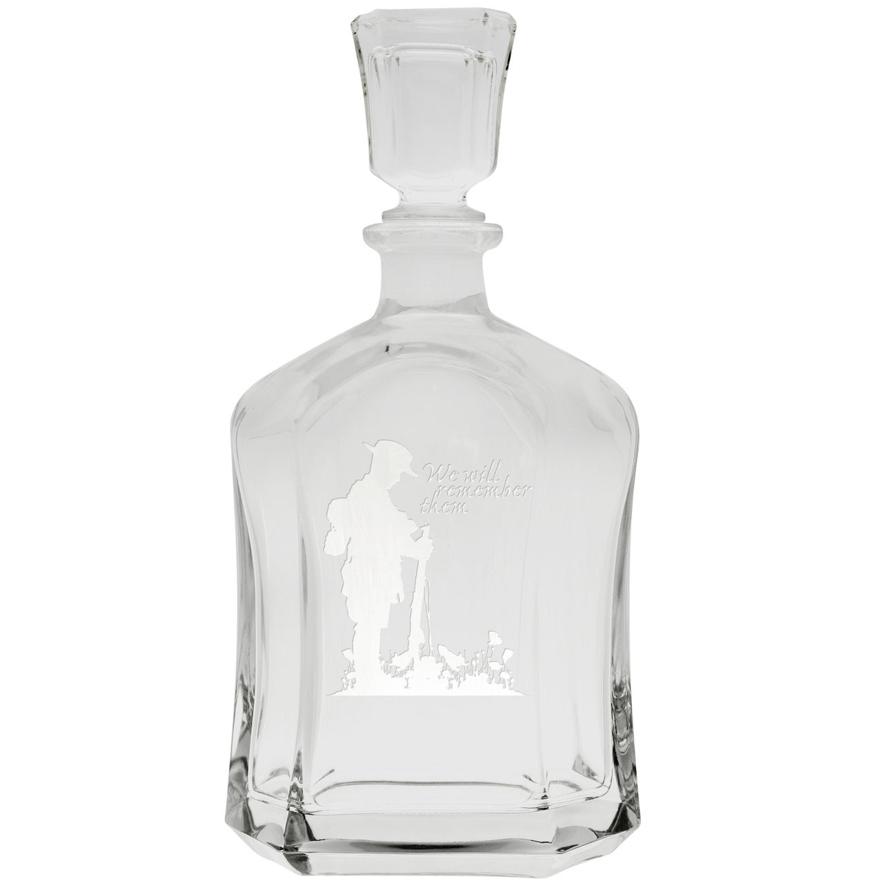 Bring your dining experience to life with the We Will Remember Them Italian Glass Decanter. This elegant, 750ml decanter proudly displays the company crest, etched with precision onto the sleek glass surface. www.moralepatches.com.au