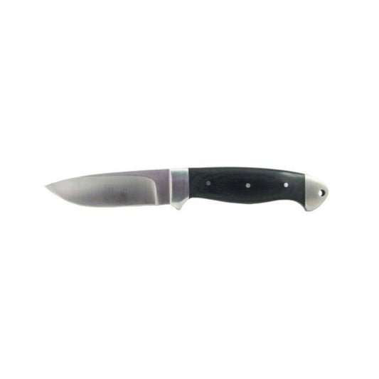 This knife features a sleek black pakkawood handle paired with a durable stainless steel blade measuring 8.25cm (3.25"). With an overall length of 20.95cm (8.25") and weighing 178g, it offers a balanced and comfortable grip. The package includes a leather sheath for safe storage and a convenient lanyard hole for easy carrying. www.moralepatches.com.au
