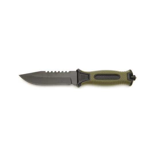 This Whitby knife features a durable 420 stainless steel blade with a black oxide finish and saw teeth along the top for versatile use, including a glass breaker. Its green and black rubberized textured handle ensures a secure grip. Measuring 11.45 cm (4.5") in blade length and weighing 177g, it comes with a protective plastic sheath for safe storage and transport. Perfect for outdoor and emergency situations, this knife combines functionality and reliability. www.moralepatches.com.au