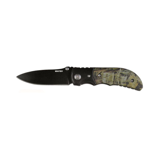 This Whitby Knife features a durable aluminium handle with a camouflage finish and a sleek black stainless steel blade measuring 7cm (2.75"). When folded, it measures 8.9cm (3.5") and weighs just 92g, making it compact and lightweight. Designed for convenience, it includes a lanyard hole, pocket clip, and thumb stud for easy access and secure carry. Perfect for everyday use or outdoor adventures. www.moralepatches.com.au
