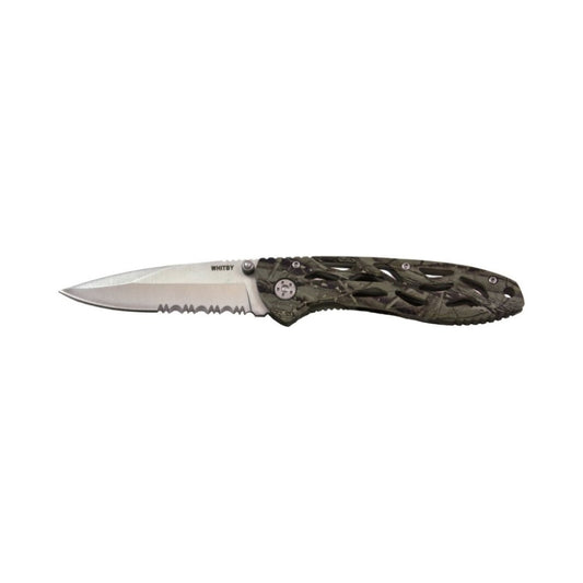 The Whitby Knife (camo) features a durable aluminium handle with a camouflage finish for a secure grip. Its 3.5" stainless steel blade includes a partially serrated edge, perfect for versatile cutting tasks. Compact when closed at 11.4cm, it weighs just 125g for easy carry. Equipped with a pocket clip, thumb stud, and lanyard hole, this knife is designed for convenience and quick access. www.moralepatches.com.au