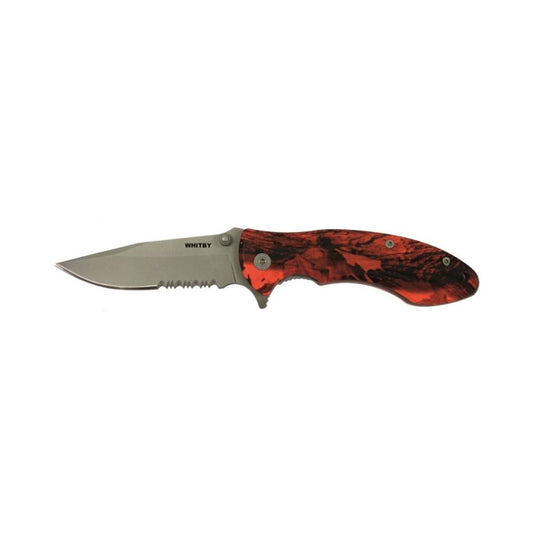 Featuring a durable aluminium handle finished with an eye-catching orange camo coating, this knife combines style and strength. Its 7cm (2.75") stainless steel blade includes a partially serrated edge for versatile cutting tasks. Compact when closed at 10.2cm (4") and weighing just 98g, it’s easy to carry with the included pocket clip and thumb stud for quick, convenient access. www.moralepatches.com.au