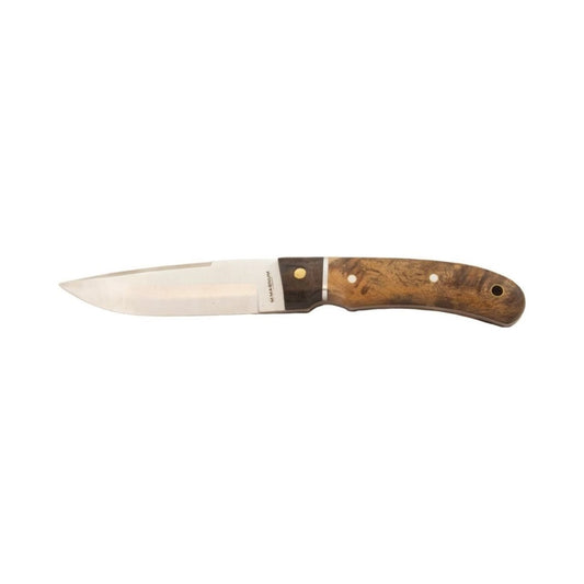 This knife features a durable Pakkawood and Burlwood handle paired with a sharp stainless steel blade measuring 11.4 cm (4.5"). With an overall length of 22.2 cm (8.75") and weighing just 160g, it offers excellent balance and control. The included leather sheath ensures safe and convenient carrying, making it a reliable tool for everyday use. www.moralepatches.com.au