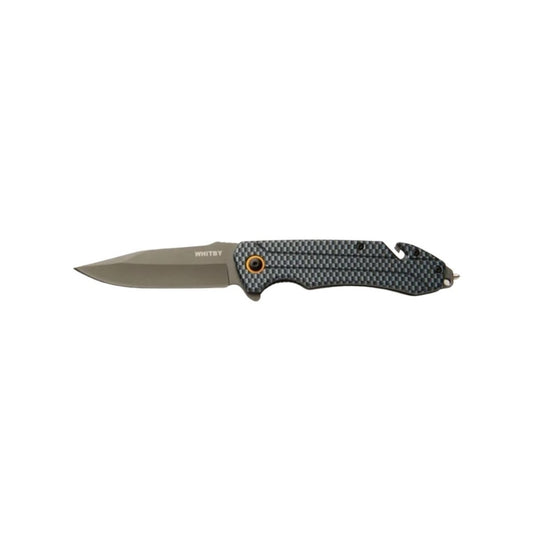 The Whitby Rescue Lock Knife is designed for quick and reliable use in emergencies. It features an aluminium handle with a sleek carbon fibre pattern and a durable 420 stainless steel blade finished in dark grey. www.moralepatches.com.au