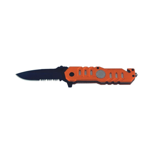 The Whitby Safety Knife features a durable anodised aluminium handle and a stainless steel blade with a black finish, partially serrated for versatile cutting. The blade measures 11.45cm (4.5"), while the knife closes to 12.10cm (4.75") for easy portability.  www.moralepatches.com.au