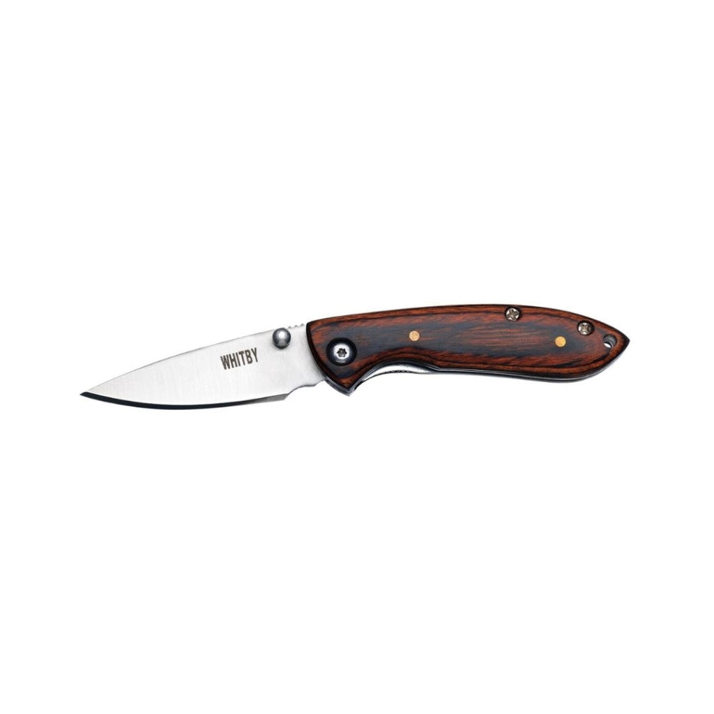This compact Whitby Small Knife features a reliable liner lock and allows for easy one-handed opening. Crafted with a pakkawood handle and a stainless steel blade measuring 4.45 cm (1.75"), it offers durability and precision. When closed, it measures just 7 cm (2.75") and weighs only 31 grams, making it lightweight and portable. Additional features include a convenient lanyard hole and thumb stud for quick access. Perfect for everyday carry and outdoor tasks. www.moralepatches.com.au