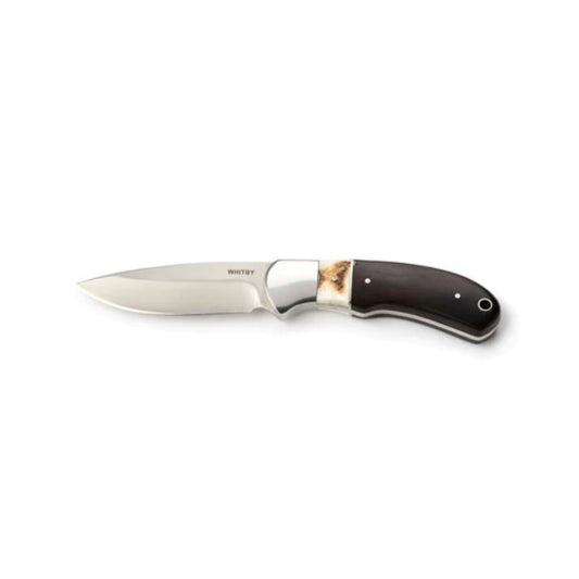 Crafted with a handle combining staghorn and ebony wood, this knife features a sharp stainless steel blade measuring 8.9cm (3.5"). When closed, it spans 19.1cm (7.5") and weighs 153g, offering a balanced and durable tool. It comes with a convenient lanyard hole and a protective leather sheath, making it perfect for both everyday use and outdoor adventures. www.moralepatches.com.au