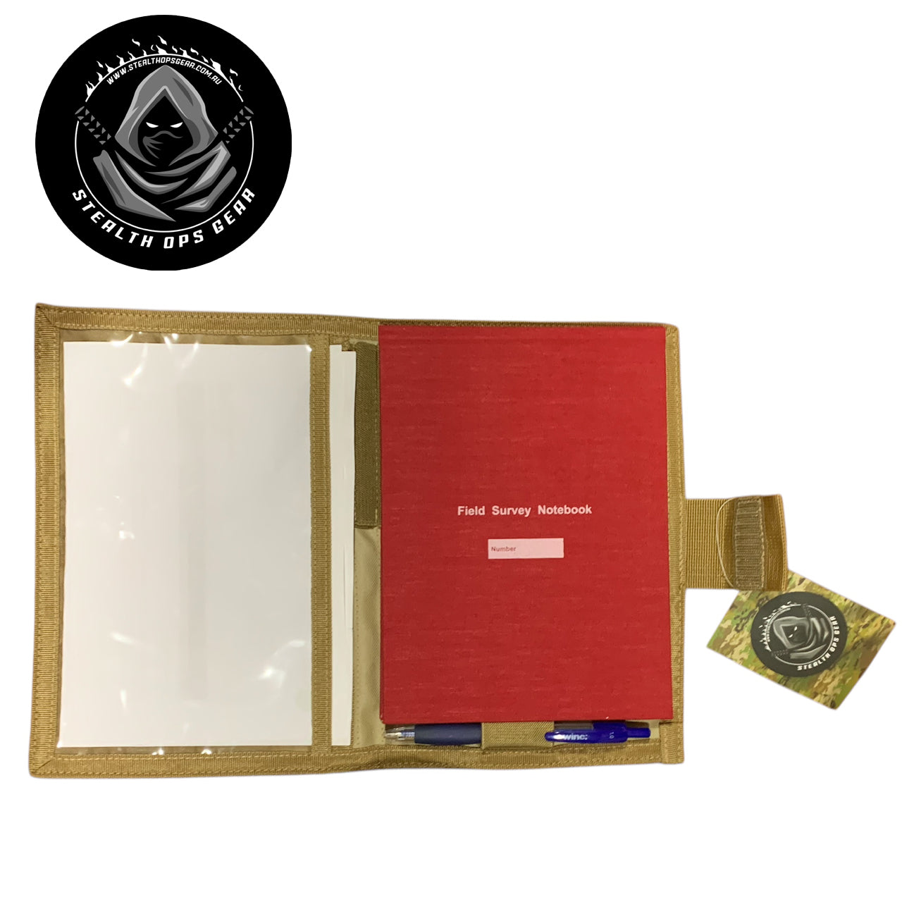 The perfect companion for your Field Survey Notebook is here - the AMCU Survey Notebook Stealth Ops Gear! This notebook cover not only protects your notebook with its elastic loop, but it also has a clear plastic window for maps and additional sleeves for any important papers or objects. Plus, keep your writing utensil within reach with the pen/pencil elastic loop. Upgrade your surveying game with this must-have gear! www.moralepatches.com.au
