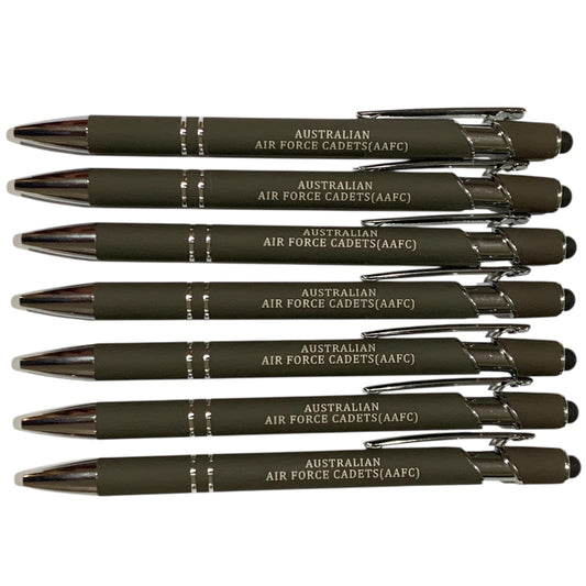 The Australian Air Force Cadets (AAC) Pen Gray is a versatile tool that combines both a black ink pen and a stylus for touch screens. Perfect for conferences and events, this pen makes a comfortable and useful gift that is sure to be a favourite among recipients. www.moralepatches.com.au