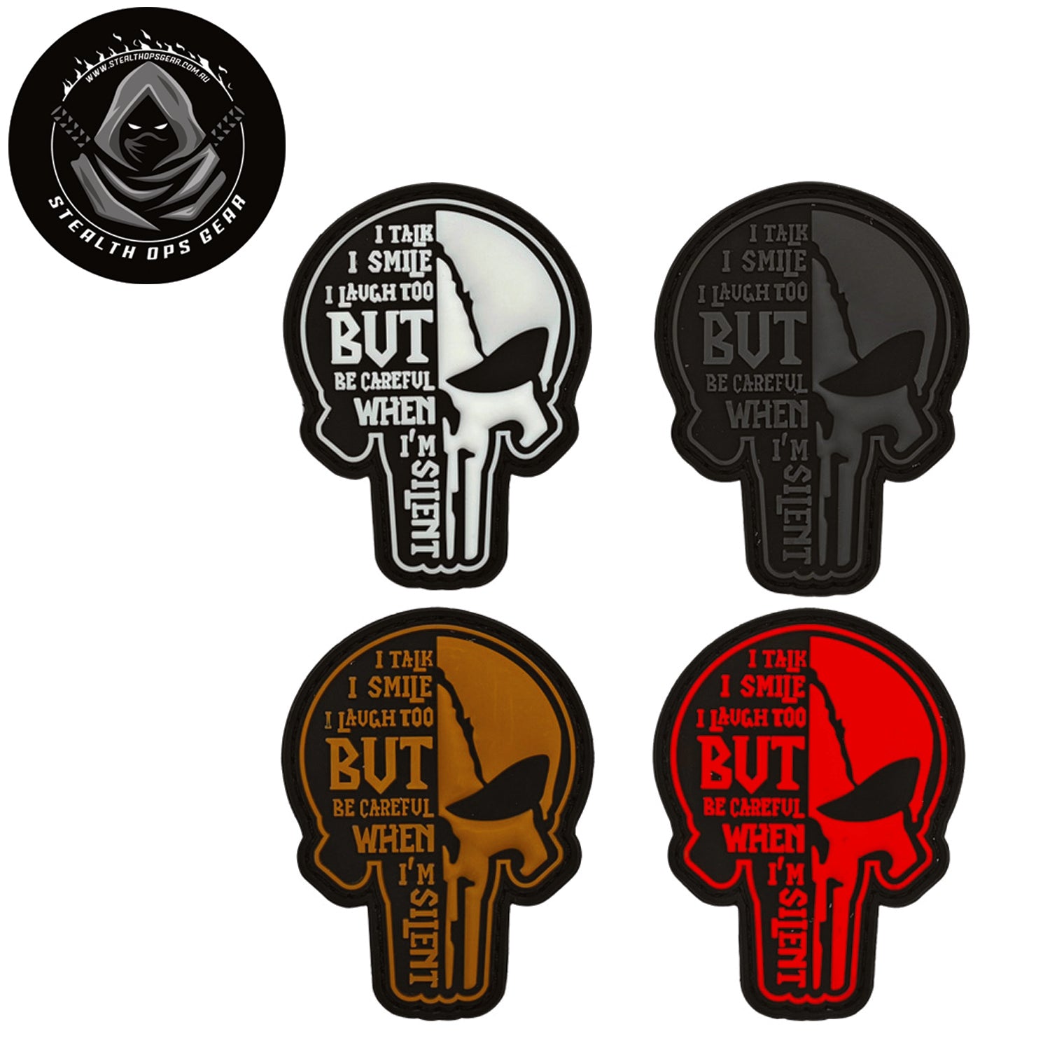 Talk Smile Laugh Morale Patch PVC - Stealth Ops Gear. This bold PVC morale patch delivers attitude and authenticity to your tactical gear, backpack, or everyday carry. At 8x6cm, it's sized perfectly for visibility without overwhelming your setup. www.moralepatches.com.au