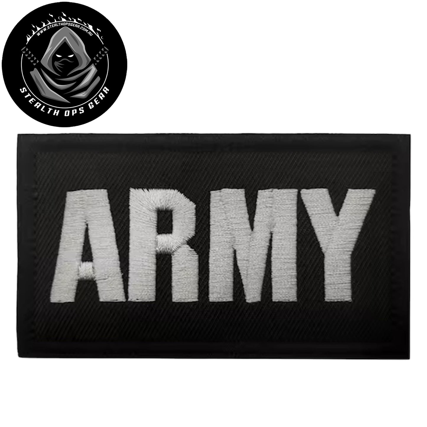 Unleash your creativity with the Army Black Embroidery Printed Patch Hook &amp; Loop - Stealth Ops Gear! Measuring 9x5.5cm and featuring a beautifully embroidered design and secure hook &amp; loop backing, this patch is a must-have for any collector. www.moralepatches.com.au