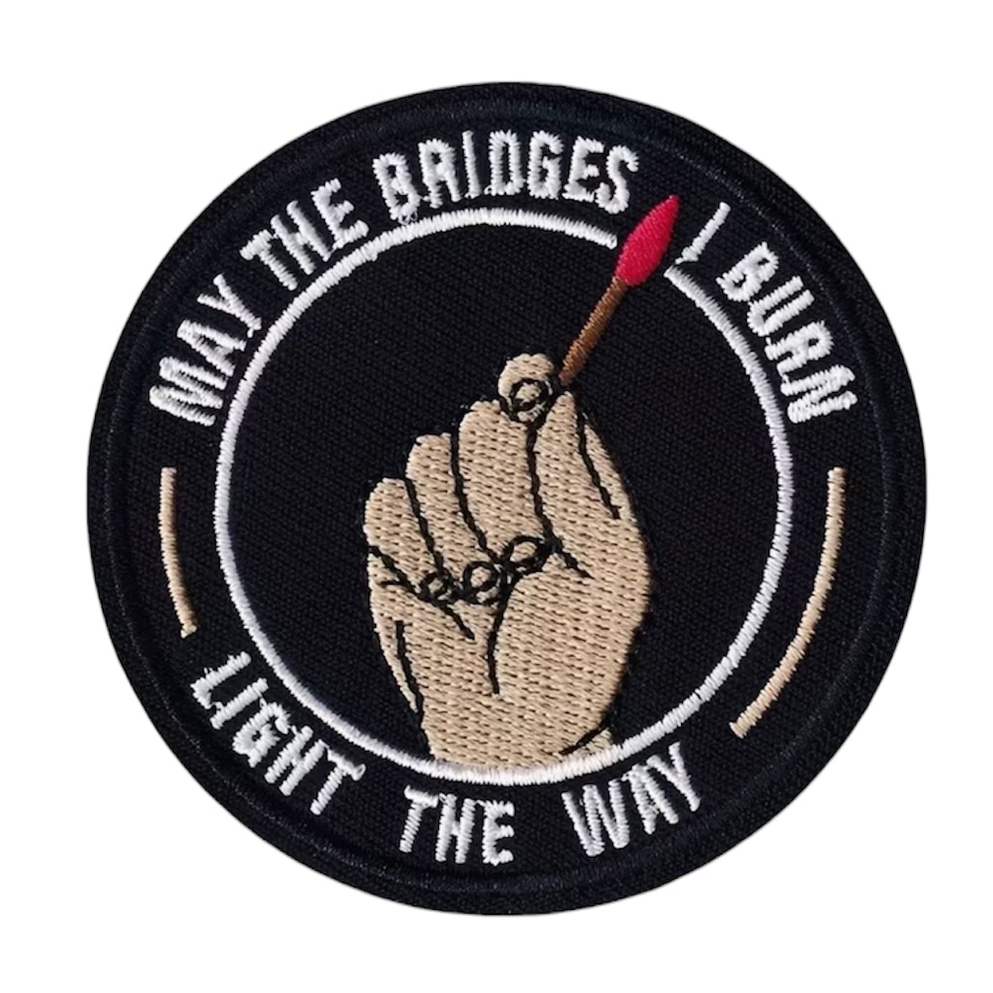 Bridges I Burn Iron On Morale Patch, measuring 7.5cm, is a striking and durable addition to personalize your gear with style and toughness. Crafted with high-quality embroidery, this patch features a versatile pattern that blends seamlessly with various tactical and outdoor equipment.  www.moralepatches.com.au