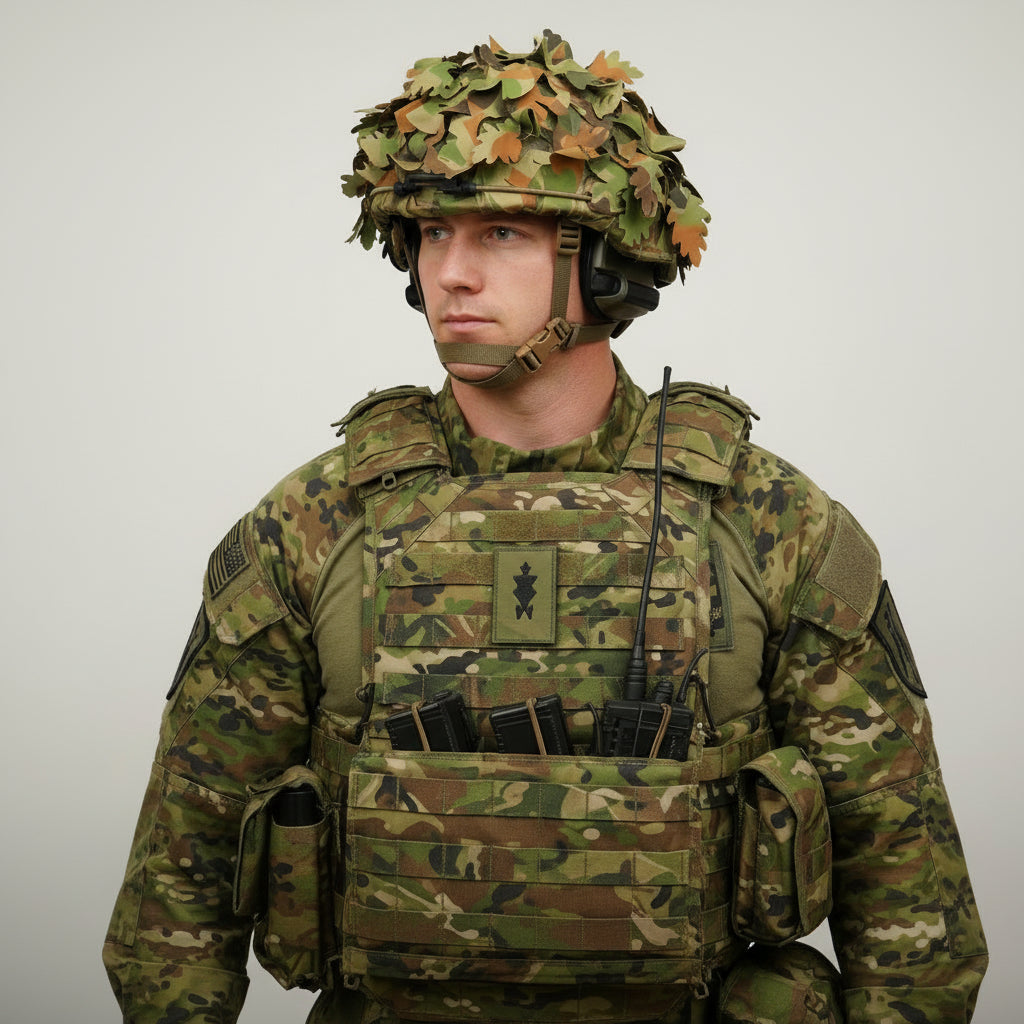 Auscam Tactical Camouflage Helmet Cover — engineered to shatter your helmet's silhouette and keep you concealed in the field. This premium netting disrupts the distinctive outline that gives away your position, delivering genuine tactical advantage when it matters most. www.moralepatches.com.au