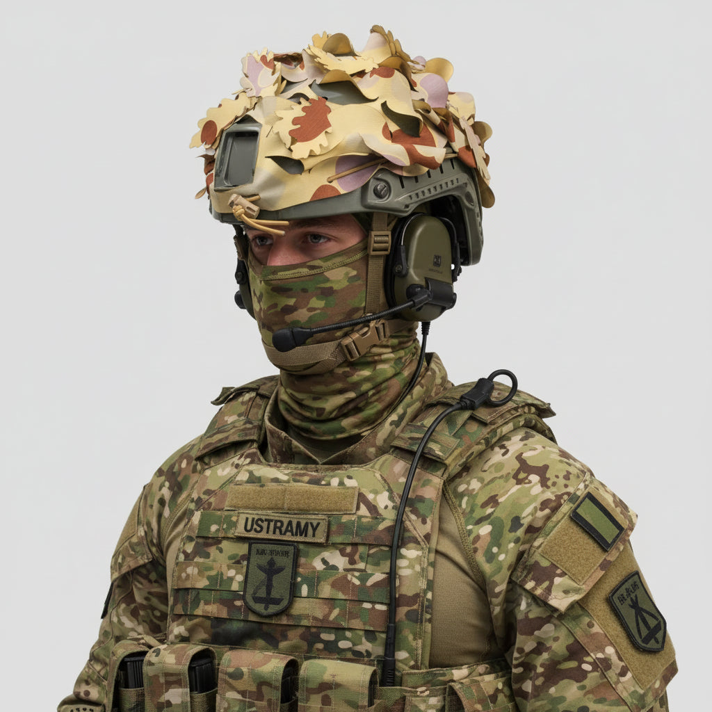 DPDU Tactical Camouflage Helmet Cover — engineered to shatter your helmet's silhouette and keep you concealed in the field. This premium netting disrupts the distinctive outline that gives away your position, delivering genuine tactical advantage when it matters most. www.moralepatches.com.au