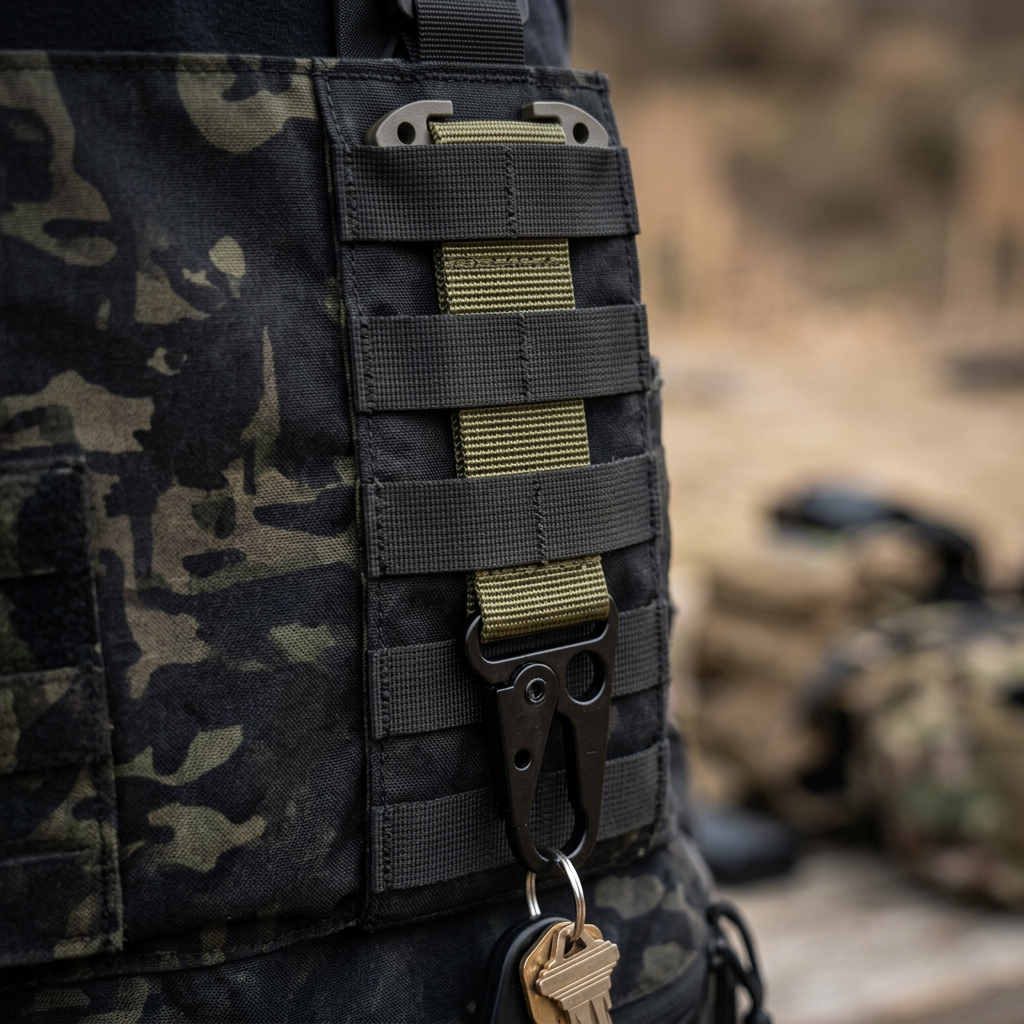 OD green tactical key holder strap threaded behind the MOLLE webbing rows of a multicam black chest rig, webbing crossing in front, hook and key hanging free