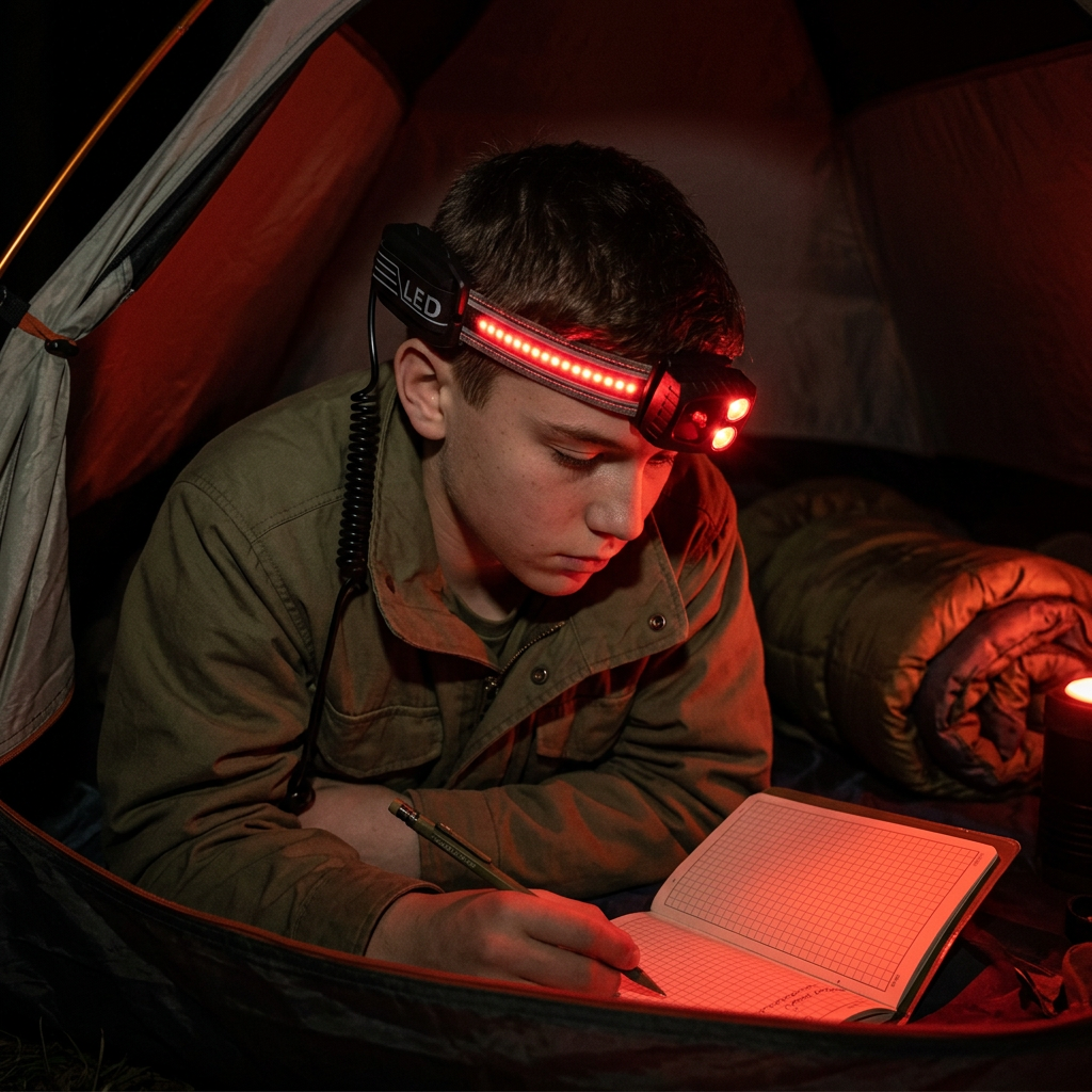 Young cadet wearing the LED head torch in red night-vision mode while writing in a notebook in a tent at night