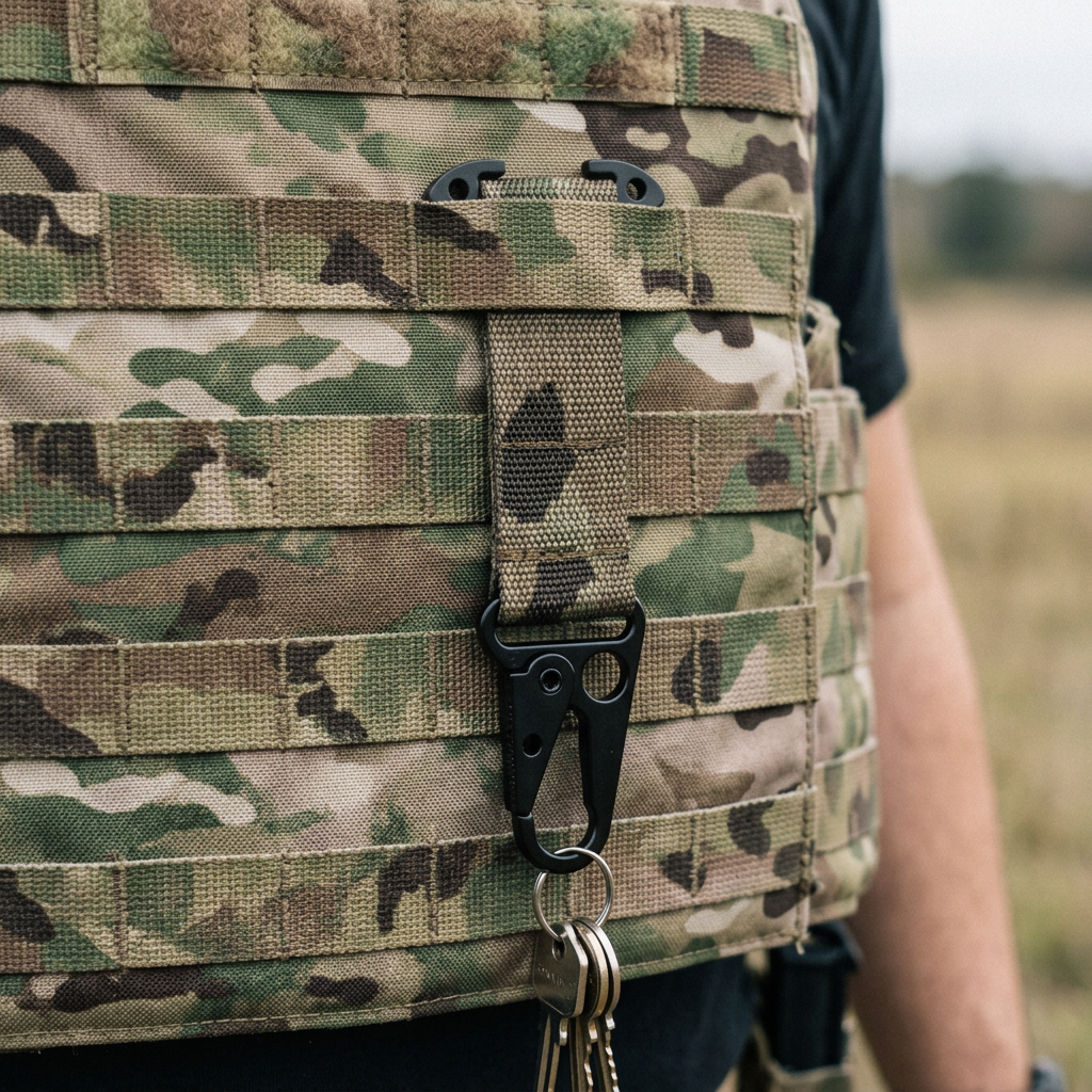 Multicam tactical key holder threaded behind the MOLLE webbing of a plate carrier vest, hook and keys hanging free