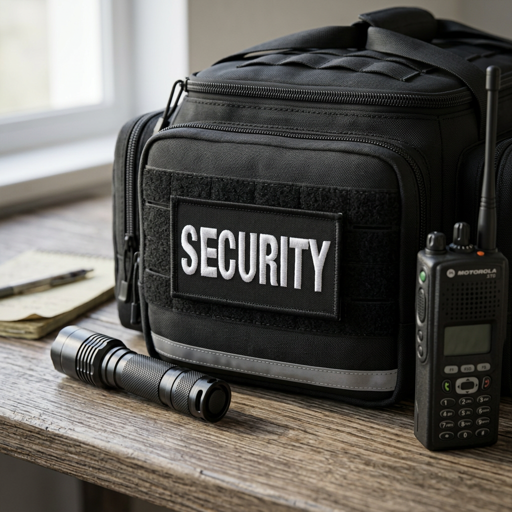 Security Patch Medium Velcro Backed on a black patrol gear bag beside a torch and radio
