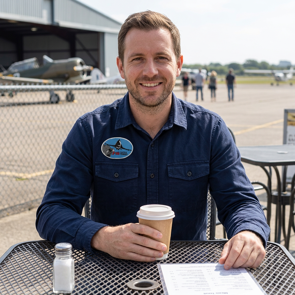 F16 Fighting Falcon patch on a navy overshirt at an airfield cafe