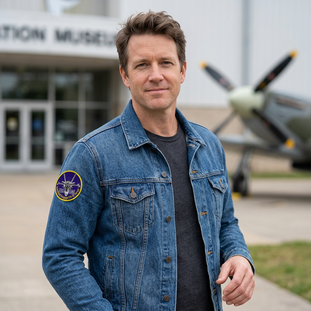 F/A-18 Hornet patch on a denim jacket sleeve outside an aviation museum