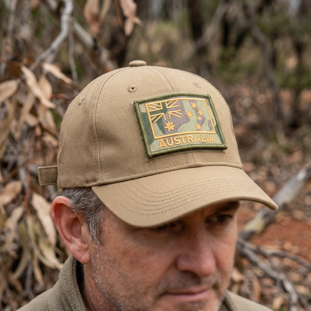 Multicam Australian flag patch on a tan cap worn outdoors