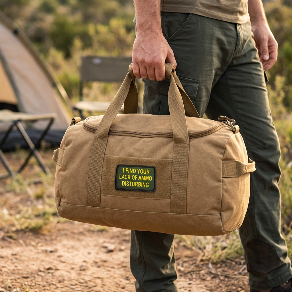 Lack Of Ammo patch on a tan gear duffel being carried at a campsite